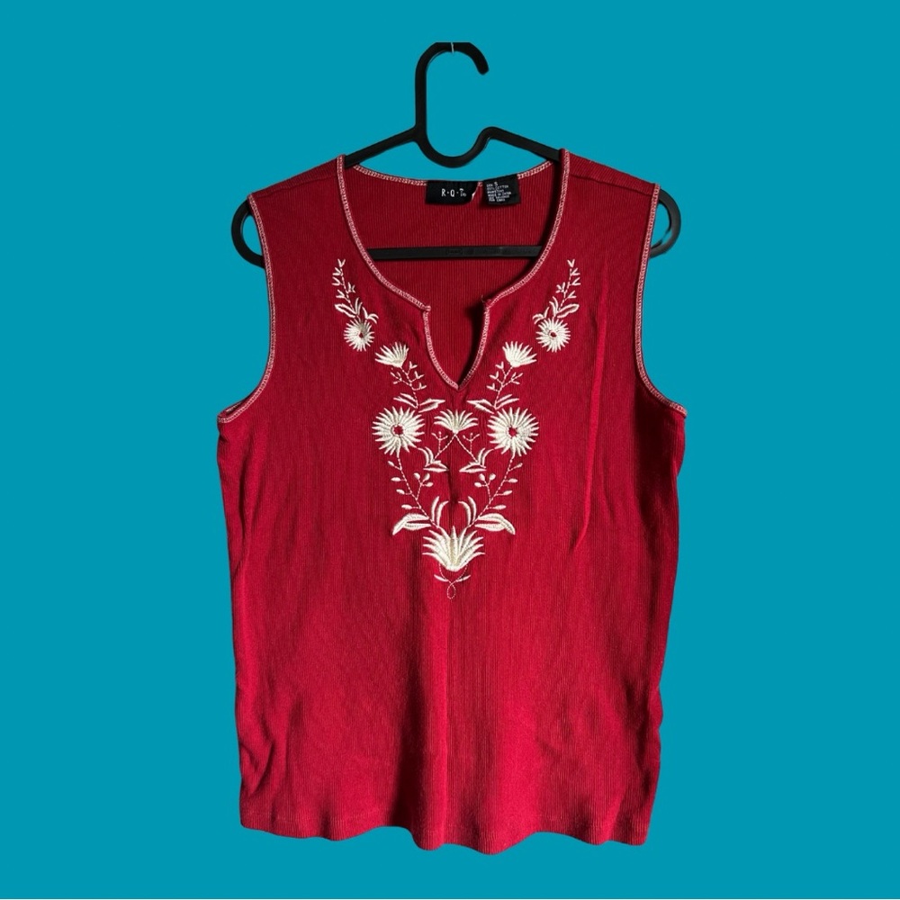 Red Tank Top with White Floral Embroidery